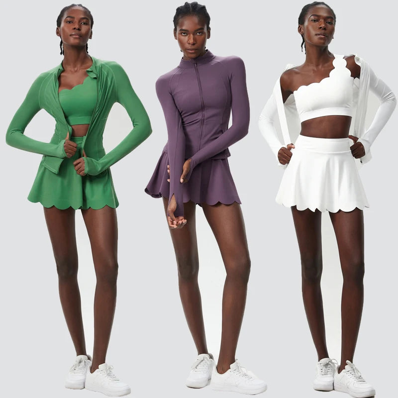 3Pcs Fitness Yoga Set Women Solid Color Gym Running Suit Breathable Quick Dry Sportswear Female Tennis Skirt Workout Clothes