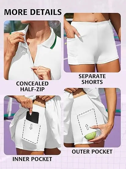 Anfilia Women Tennis Dress Polo Half Zipper Pleated with Built in Bra Separate Shorts One-Piece Slim Fit with Pockets Golf Dress